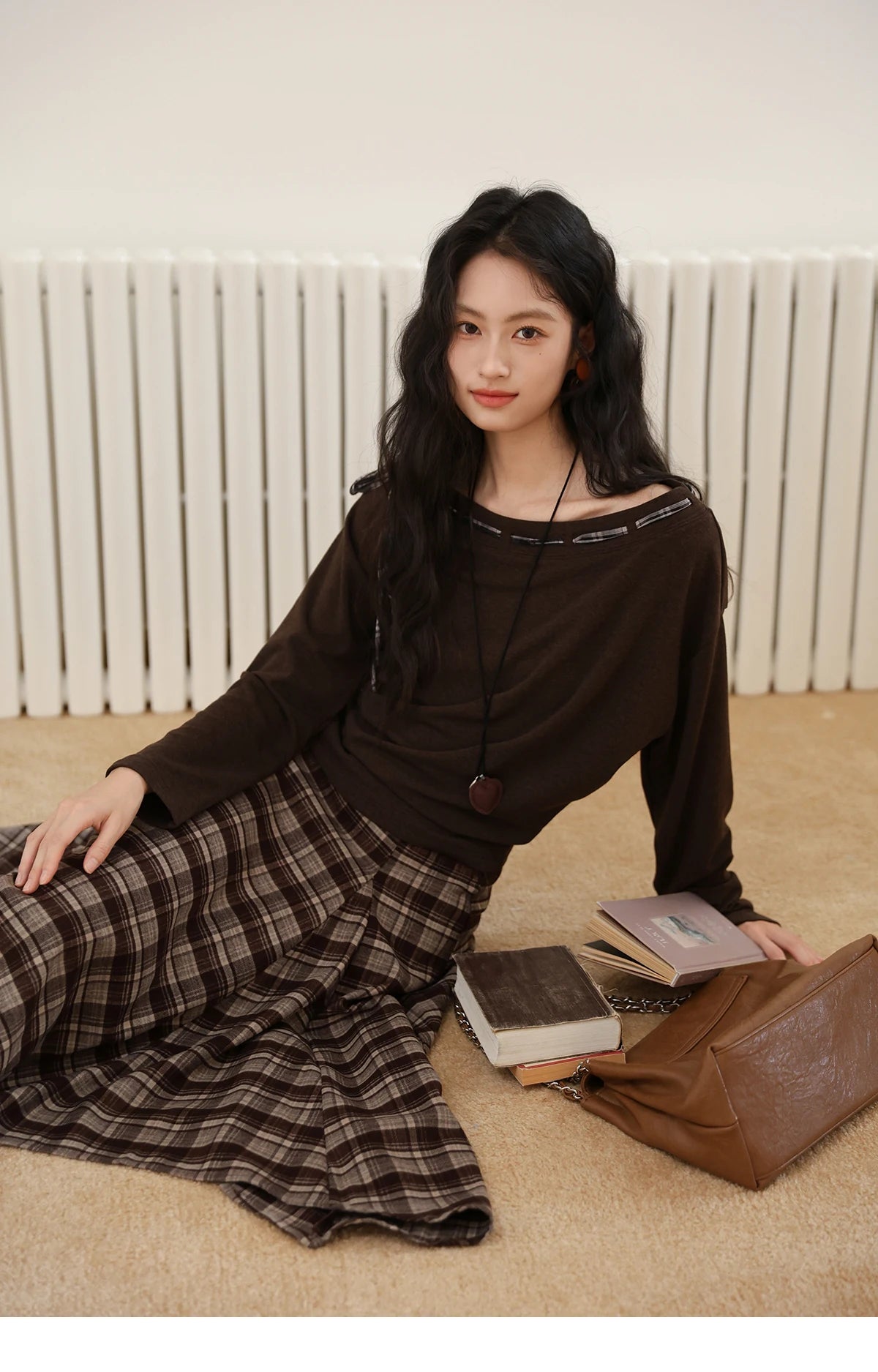 MISHOW Slant Shoulder Knitted Top for Women Autumn 2025 Drak Brown Plaid Strap Design Tops Casual Knitted Base Top MXE45T1402