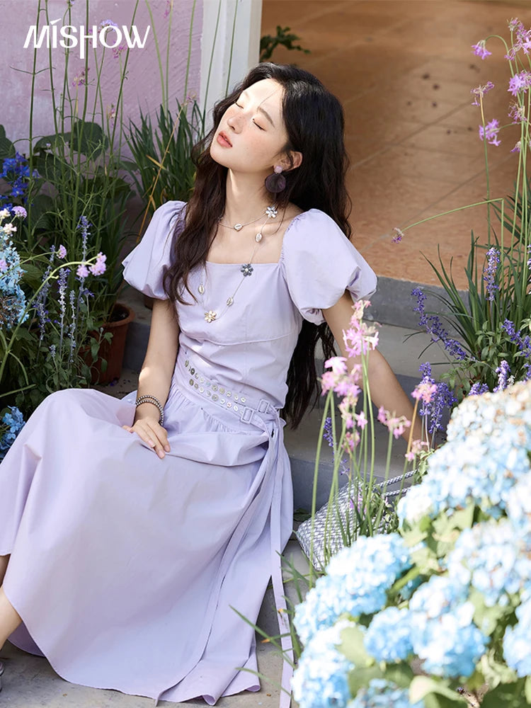 MISHOW French Purple Dresses Women Summer 2025 Solid Short Puff Sleeve Square Neck Slimming Dress Woman New Fashion MXE34L2222
