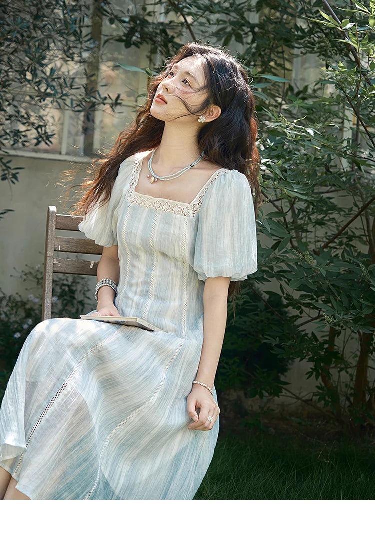 MISHOW Women's Summer Dress 2025 New Fashion Striped Square Neck Spliced Lace Hollow Out Dress Waist Lace Up Dresses MXE39L2403