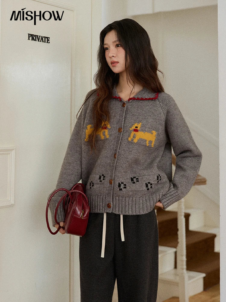 MISHOW Dog Cartoon Jacquard Knitted Cardigan for Women 2025 Loose Retro Turn-down Collar Casual Women's Sweaters MXE86Z2727