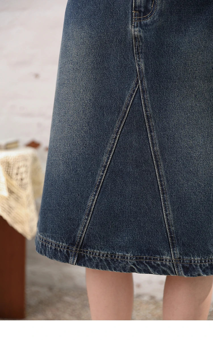 MISHOW Denim Fishtail Skirt 2024 Summer Retro Casual Love Embroidered Pockets Skirt A-line Umbrella Knee-Length Skirt MXD28B0414