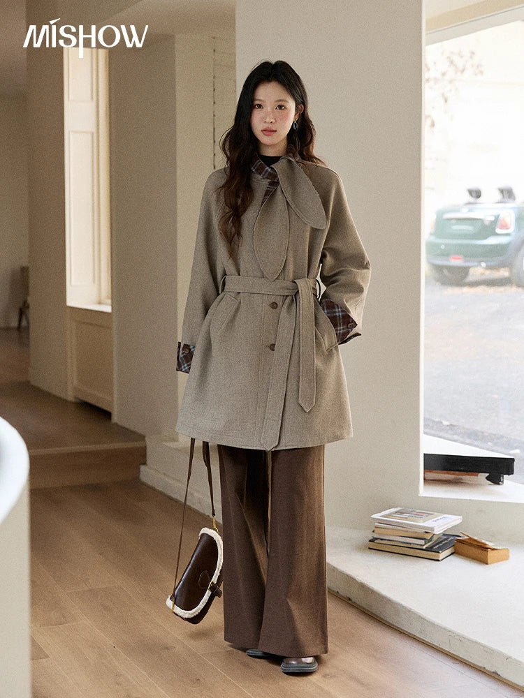 MISHOW Retro British Plaid Patchwork Woolen Coat Winter 2025 Rabbit Ear Tie Collar Waist Cinching Belt Woolen Coats MXE90W0924