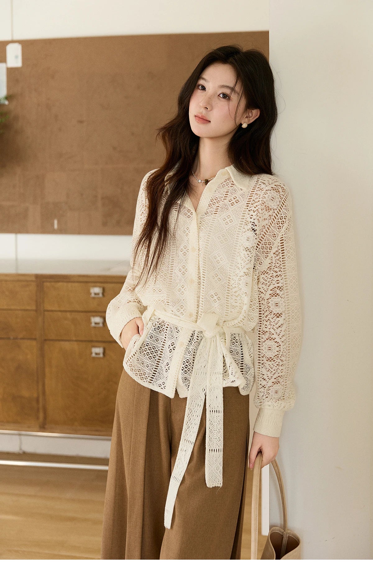 MISHOW Women's Strap Design Brown Wide Leg Pants Spring High Waist Back Elastic Waist Pants Casual Loose Trousers MXF11K1134