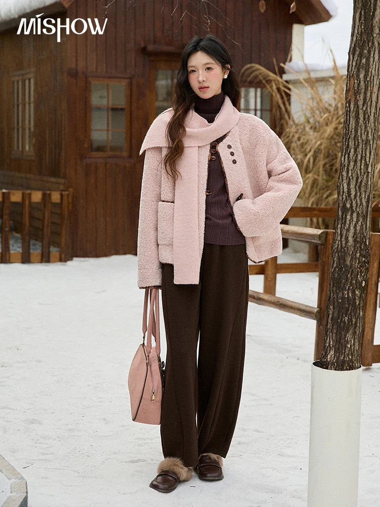 MISHOW Woman Plaid Patchwork Lamb Wool Coat 2025 Winter Round Neck Coat Commute Warm Loose Jacket （Without A Scarf）MXE90W0923