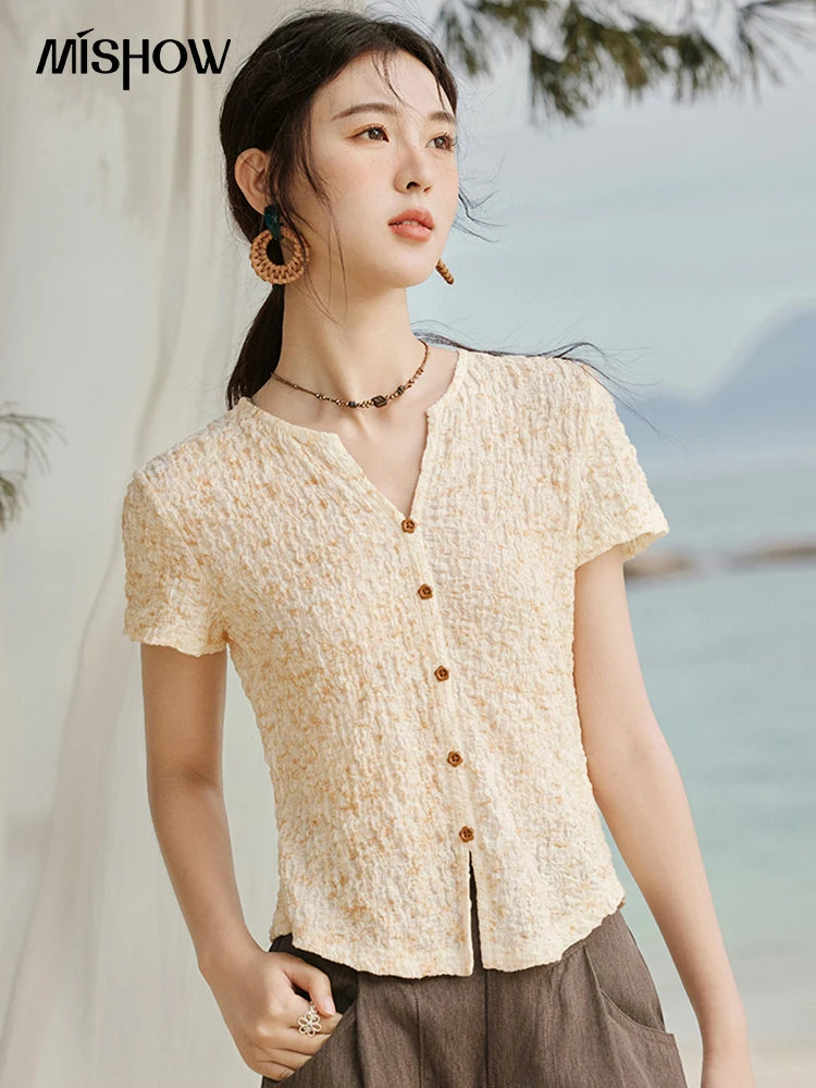 MISHOW Print Casual Summer T-shirts Women 2025 New Short Sleeve V-neck Thin Knitted Shirt Female Fashion Breathable MXE31Z1234