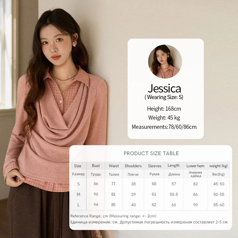 MISHOW Women Knit Top 2025 Winter Faux Two-piece Pullovers Retro Plaid Patchwork Draped Collar Luxury Design Pink Top MXE87Z2747