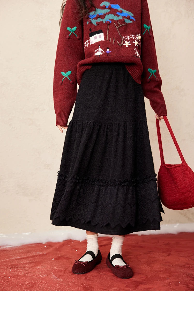 MISHOW Splicing Knitted Skirt For Women 2025 Spring New Korean Lace Loose Elegant Slim Temperament Pleated Long Skirt MXD59B0632