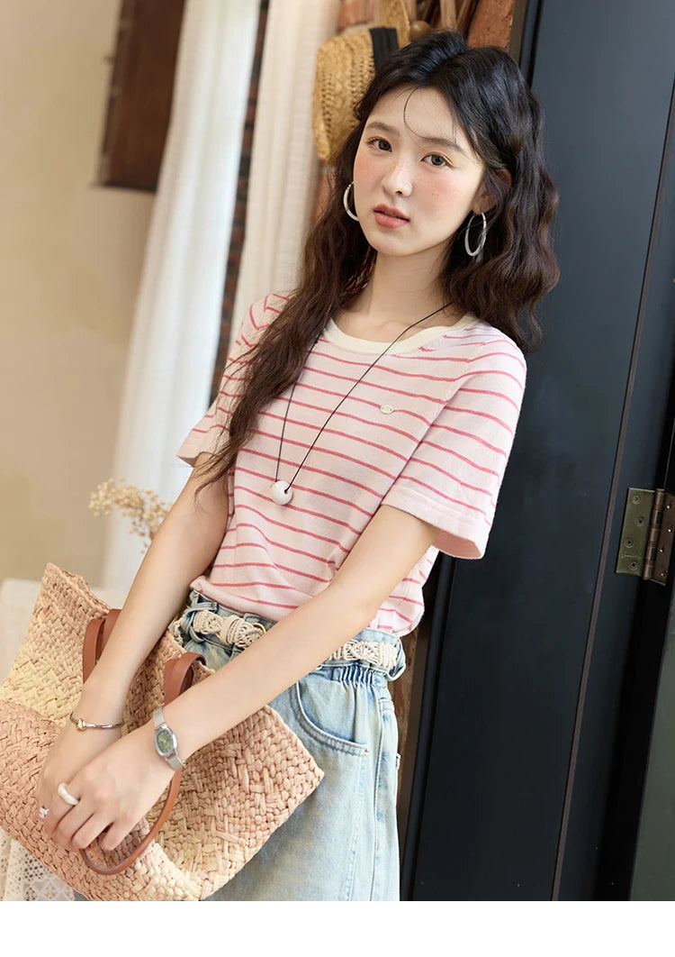 MISHOW Striped Knitted T-shirt for Women Summer 2025 Color Contrasting Round Neck Tees Wool Blended Slim Casual Top MXE35Z1270