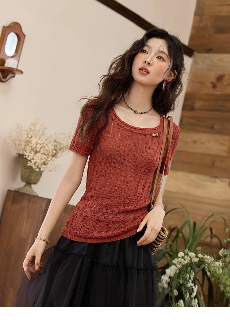 MISHOW Retro Red Hollow Thin Knitted Sweater Shirt for Women 2025 Summer Beads Short Sleeves Knitted Breathable Top MXE35Z1271