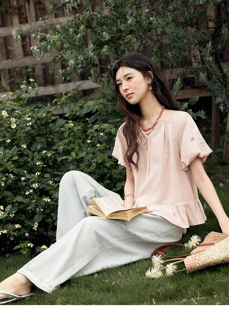 MISHOW French Summer Blouse Women 2025 Short Puff Sleeve Round Neck Solid Hollow Embroidery Shirts Woman Holiday Thin MXE31X1747