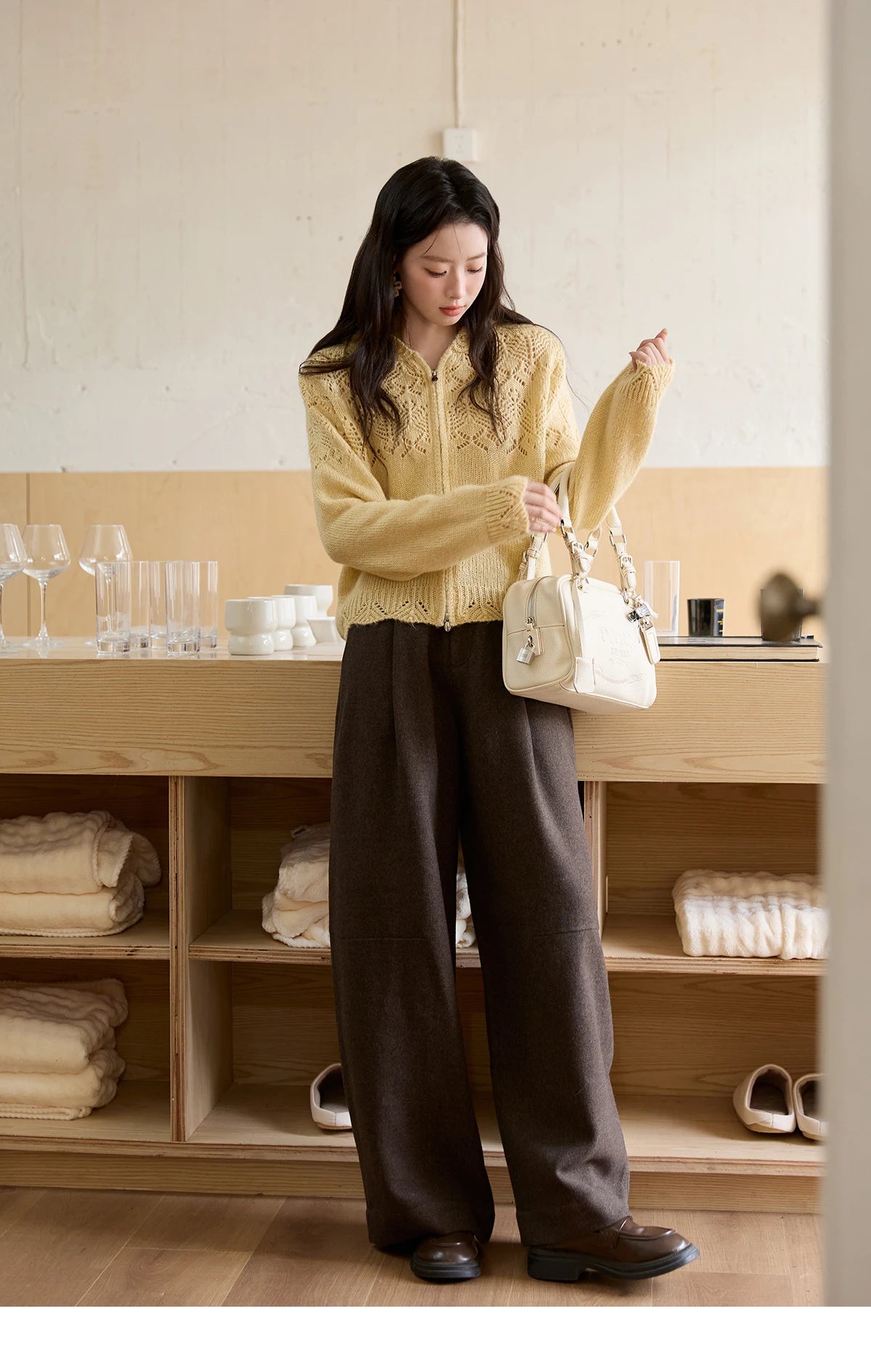 MISHOW Yellow Hollow Out Cardigan Women 2025 Autumn Winter New Hooded Zipper Sweater Loose Casual Bottoming Tops MXE46Z2584