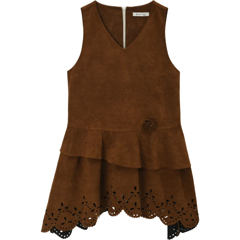 MISHOW Women's Elegant Brown Retro Suede Vest Dress 2025 Autumn Winter Hollow Out V-Neck Tank Dress Sleeveless Dress  MXE51L2524