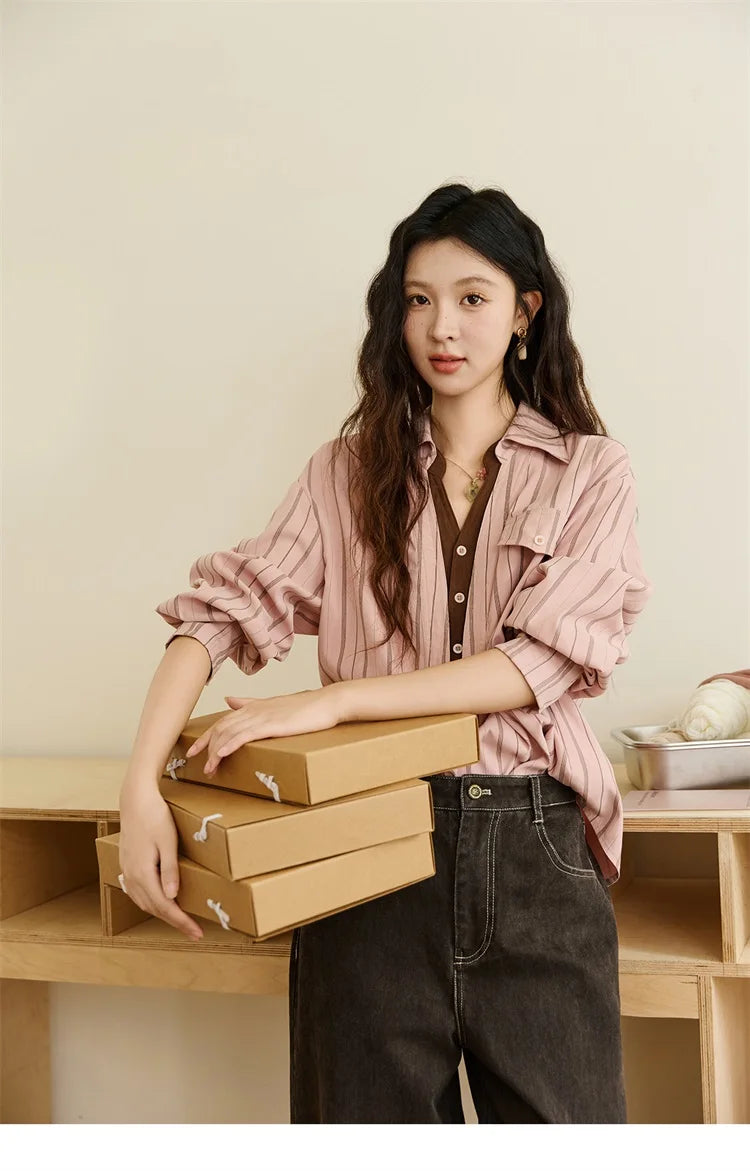 MISHOW Peach Skin Velvet Stripe Shirt for Women Autumn 2025 Double Layered Collar Contrasting Color Shirt Commute Top MXE47C2408