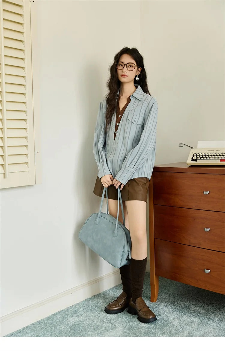 MISHOW Peach Skin Velvet Stripe Shirt for Women Autumn 2025 Double Layered Collar Contrasting Color Shirt Commute Top MXE47C2408