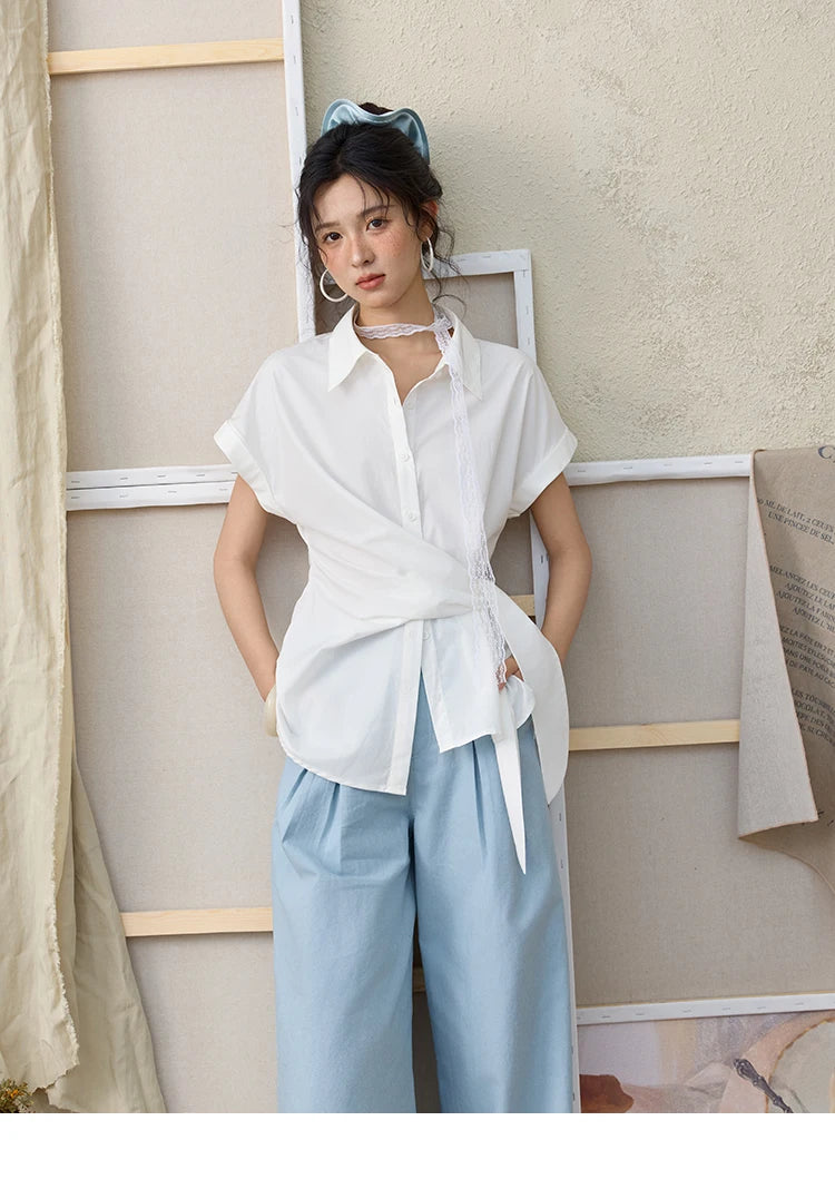 MISHOW Sea Salt Blue Wide Leg Pants 2025 Summer Contrasting Bead Belt Cotton Blend Trousers Slim Commuting Pants MXE35K0931