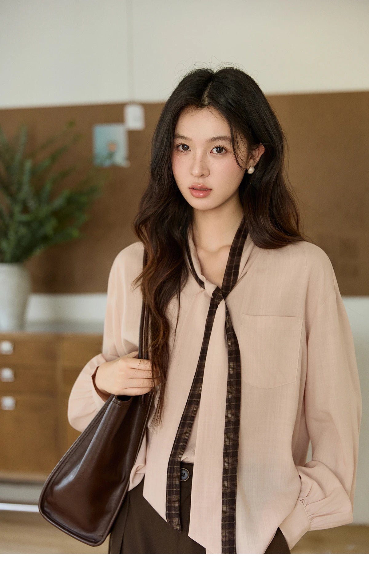 MISHOW Women's Dusty Pink Shirts Spring Plaid Tie Neck Loose Casual Shirt 100 Lyocell Lantern Sleeve Top Office Lady MXF108C0817
