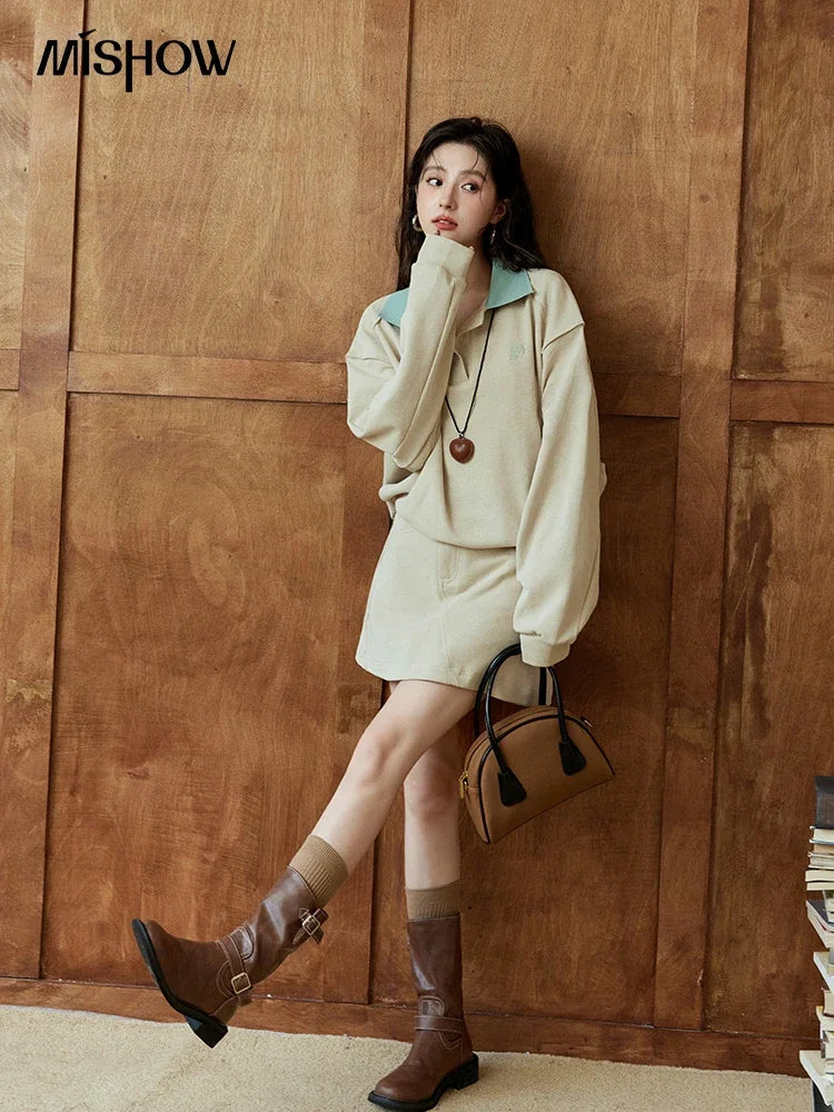 Mishow Polo Neck Sweatshirt & Contrast Letter Skirt Set MXD44V0097