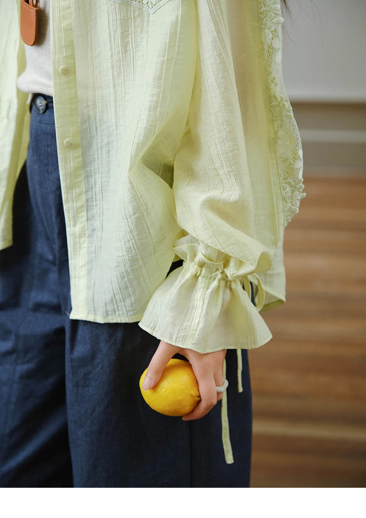 MISHOW Blend Patchwork Lace Cool Shirt Female Autumn 2025 Korean Loose Lapel Drop Sleeve Shirts Drawstring Cuffs Top MXE31C0789