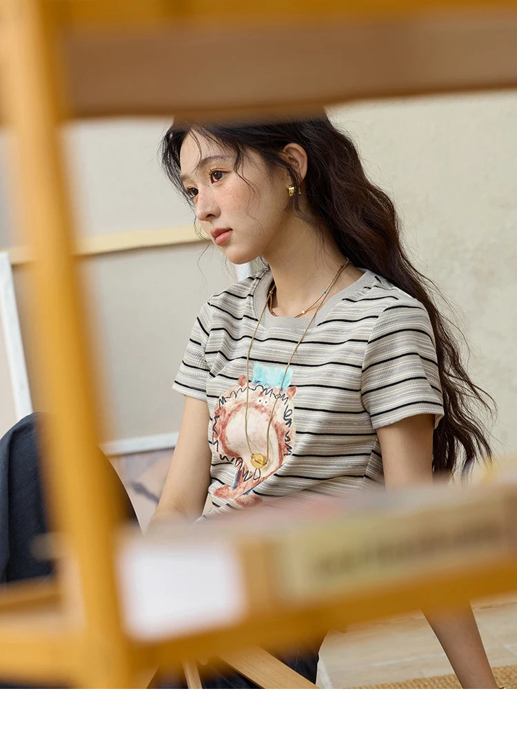 MISHOW Striped Cartoon Pufferfish Printed T-shirt for Women Summer 2025 Slim Shoulders Cotton Tees Short Sleeved Top MXE32T0538