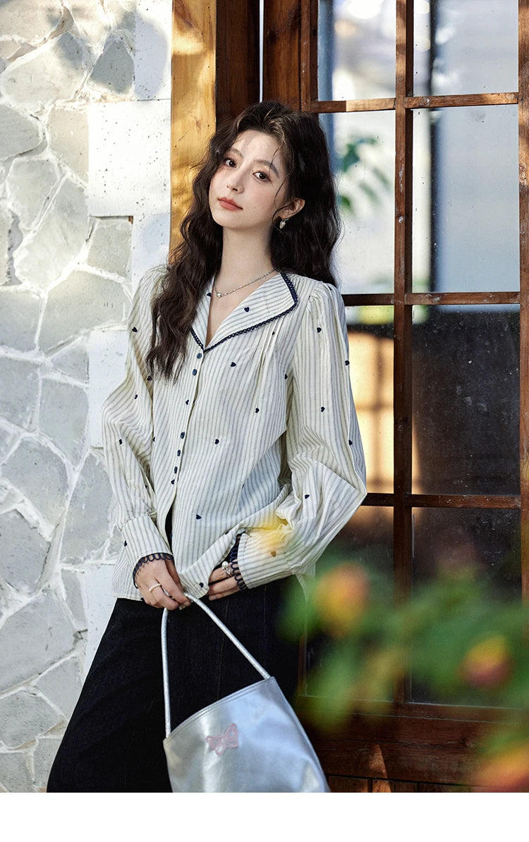 MISHOW Striped Bubble Sleeve Shirt for Women 2025 Spring French Retro Love Embroidered Top 100 Cotton V-neck Shirts MXE12C0390