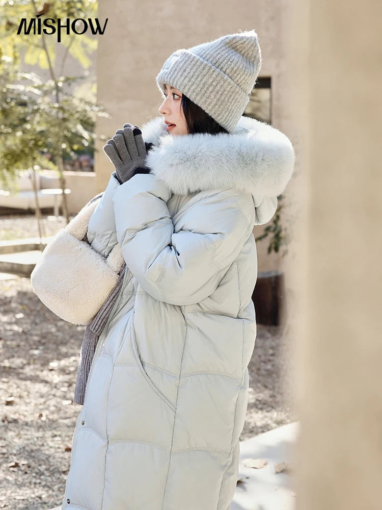 MISHOW Fox Fur Collar Down Coat Women 2024 Winter Minimalist Basic Thickened Warm Mid-Length White Duck Down Jacket MXD54Y0050