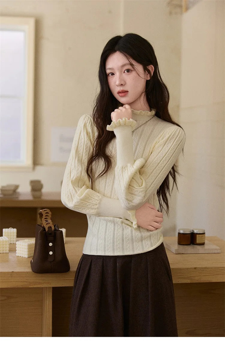 MISHOW Women's Half Turtleneck Ruffle Trim Lantern Sleeve Bottoming Tops 2025 Winter Vertical Rib Slim Knitted Top MXE93Z2810