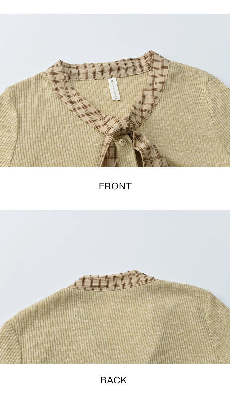 MISHOW Yellow Cardigan Women 2025 Autumn Vintage Plaid Bowknot V-neck Long-sleeve Knitted Top Commute Slim Sweater MXE16Z1168