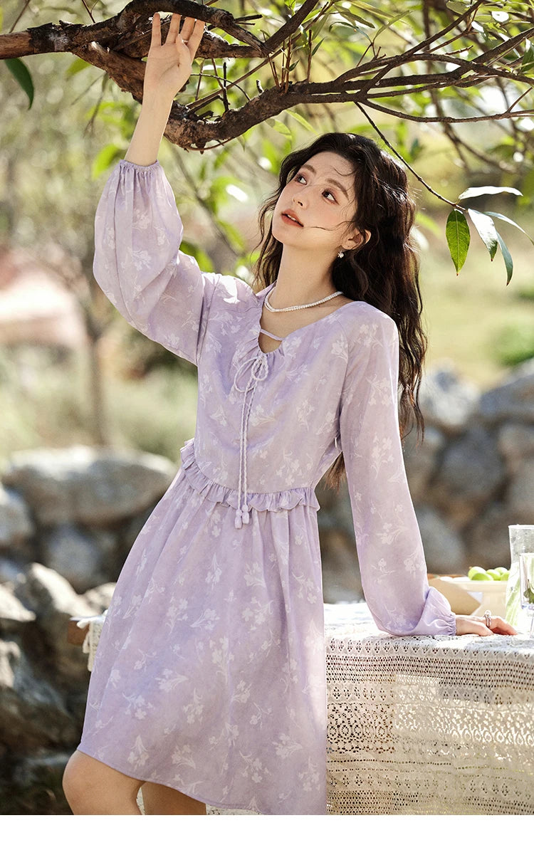 MISHOW Iris Chiffon Dress for Women Spring 2025 Waist Slim Black Fungus Edge Straps Dresses Purple Floral Fairy Dress MXE13L2095