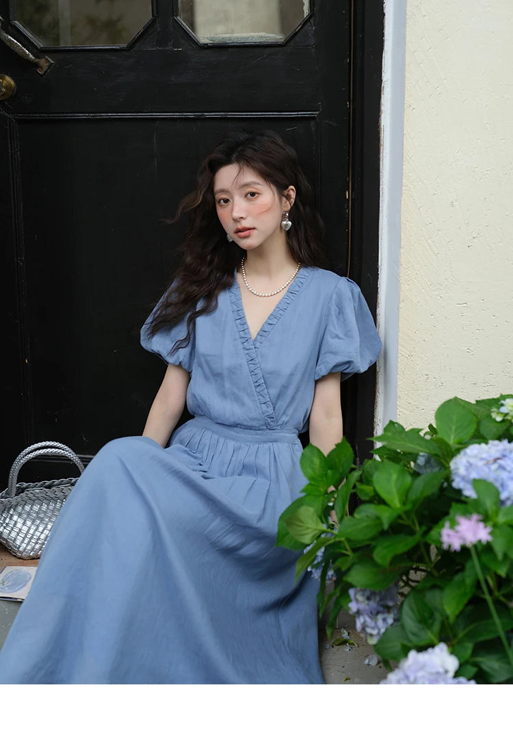 MISHOW Summer Fashion V-neck Dress Woman 2025 New Puff Sleeve Sashes Elegant Pocket Vacation Dresses Ladies Clothing MXE39L2381