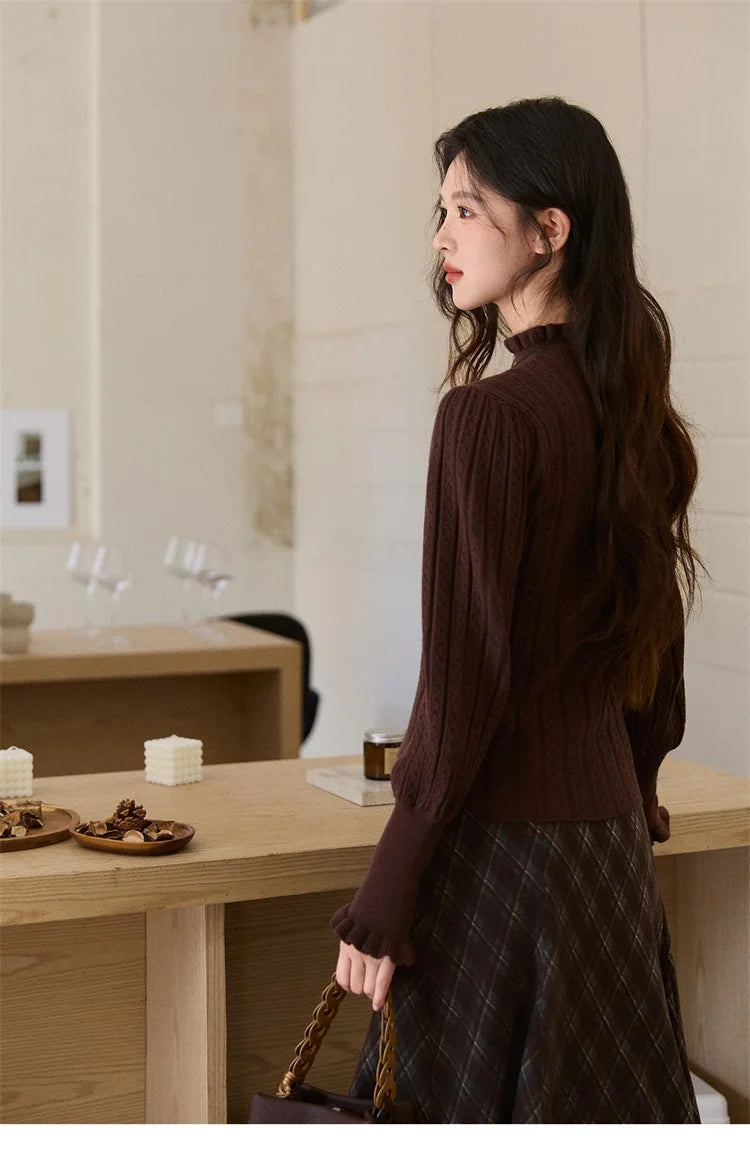 MISHOW Women's Half Turtleneck Ruffle Trim Lantern Sleeve Bottoming Tops 2025 Winter Vertical Rib Slim Knitted Top MXE93Z2810