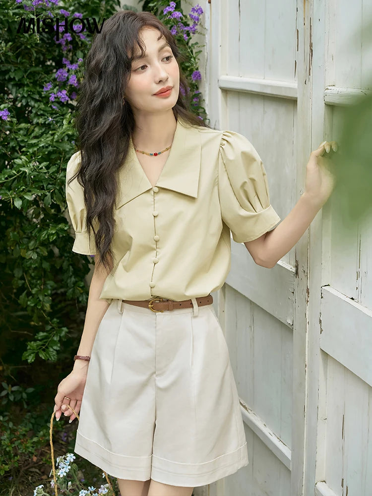 MISHOW Bubble Sleeve V-neck Commuting Shirts for Women 2025 Summer Retro Lapel Neck Short Sleeve Loose Solid Tops MXD28X1471