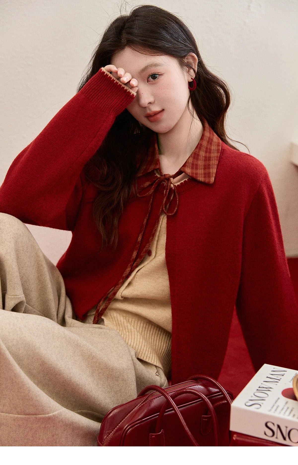 MISHOW Color Block Contrast Fake Two-Piece Cardigan Women Winter Removable Plaid Collar Tie Thickened Knitted Sweater MXE93Z2816