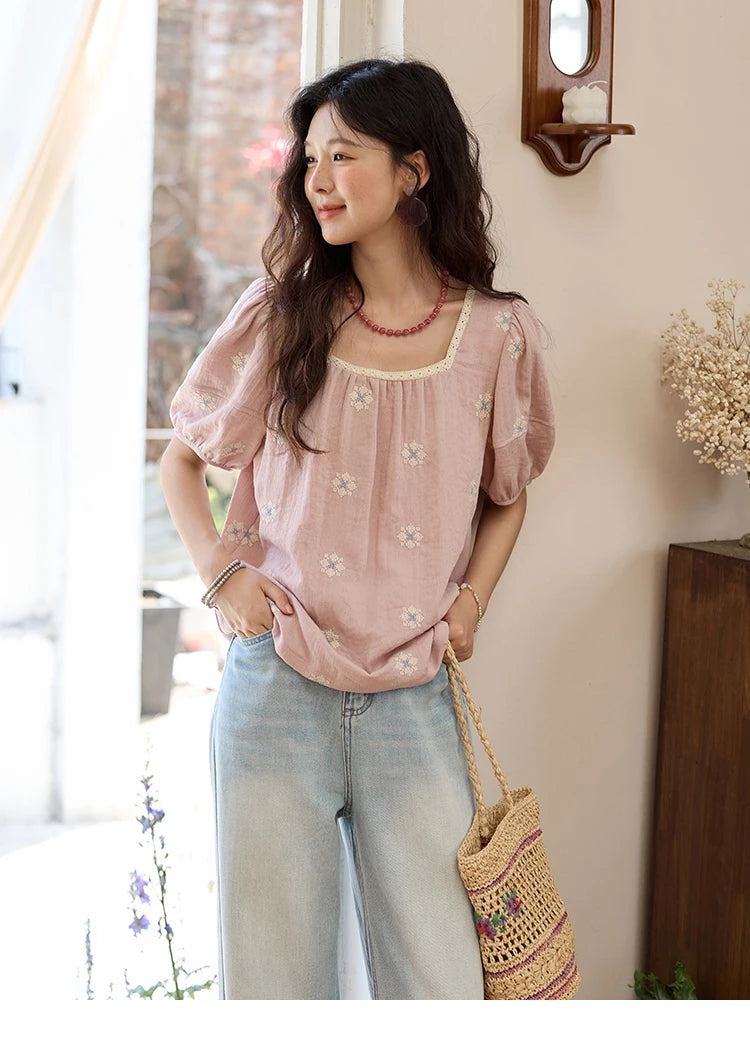 MISHOW Pink Embroidered Linen Floral Blouse for Summer 2025 A-line Square Collar Blouses Lace Patchwork Loose Tops MXE35X1834