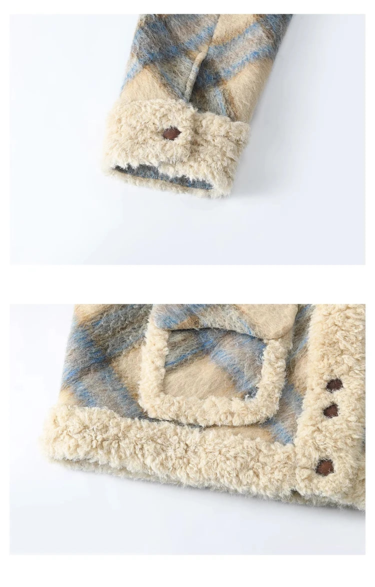 MISHOW Splicing Fleece Short Coat Women 2024 Winter Vintage French Plaid Tweed Thickened Warm Turn Down Collar Jacket MXD55W0574