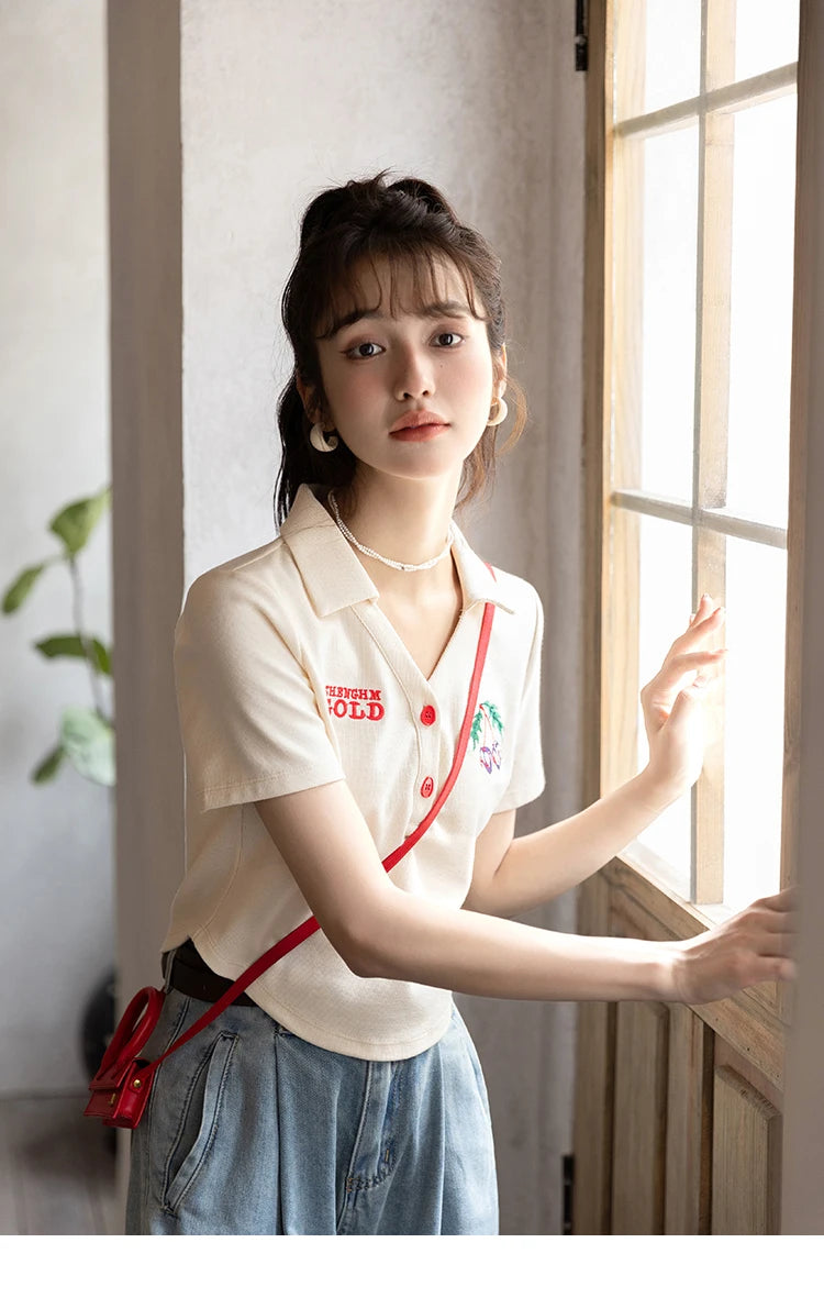 MISHOW Summer T-shirts for Women Korean Fashion Polo Collar Embroidery Letter Short Tops Harajuku Casual Solid Tees MXB32T0477