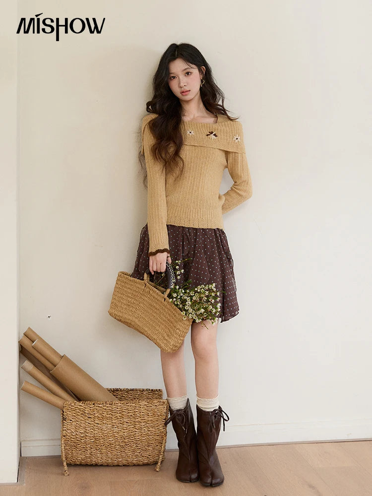 MISHOW Women's Yellow Ribbed Knit Sweater 2026 Spring One Shoulder Collar Floral Embroidery Long Sleeve Thin Sweaters MXF11Z2894