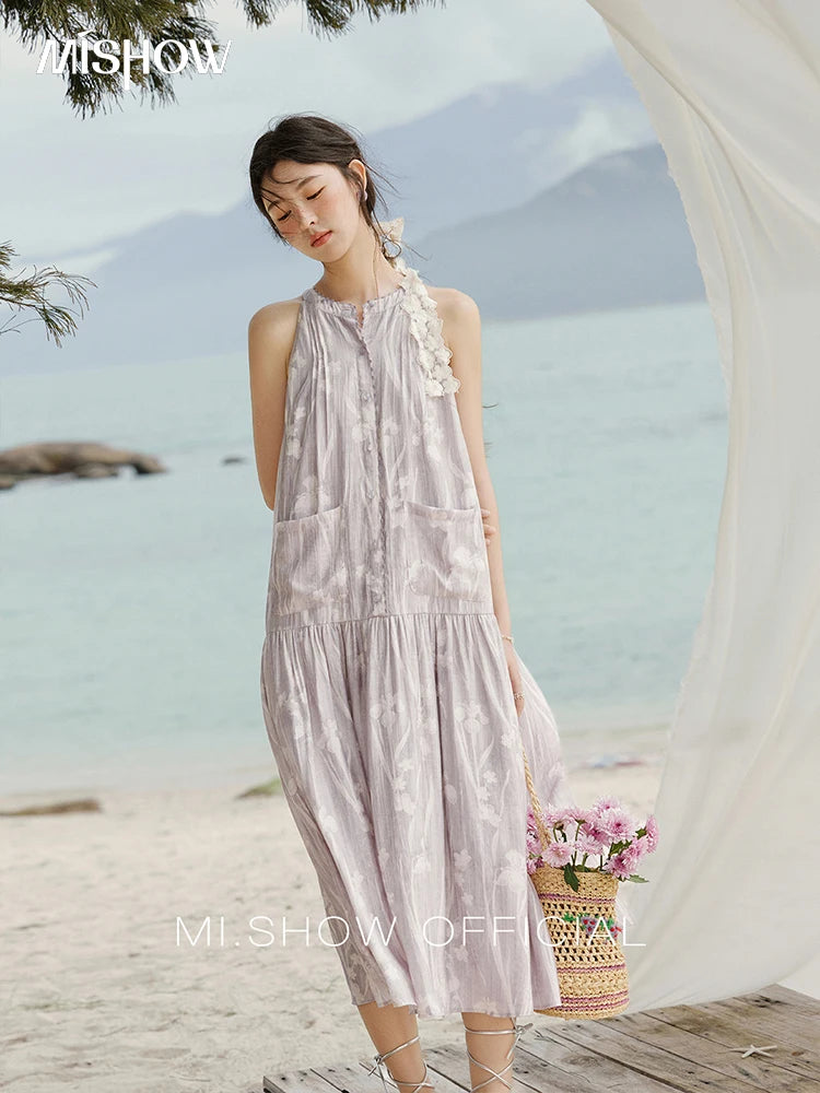 MISHOW Purple Print Chiffon Holiday Dress Women 2025 Summer Sleeveless Stand Collar Slim Dresses Woman New Fashion MXE32L2163