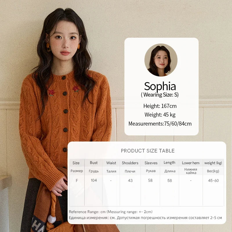 MISHOW Cardigan Woman 2025 Winter Fashion Orange Cable Knit Cardigan Floral Embroidery Retro O-neck Thick Knit Top MXE86Z2737