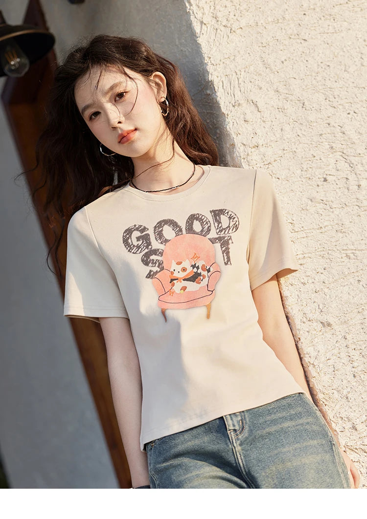 MISHOW Printed Cotton T-shirts for Women Spring 2025 Loose Slim Short Round Neck Tees Versatile Soft Casual Tops MXE13T0461