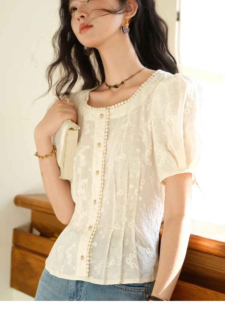 MISHOW Embroidery Cotton Shirt for Women 2025 Summer Fashion French Style Puff Sleeve Button Shirt Women's Clothing MXE39X1979