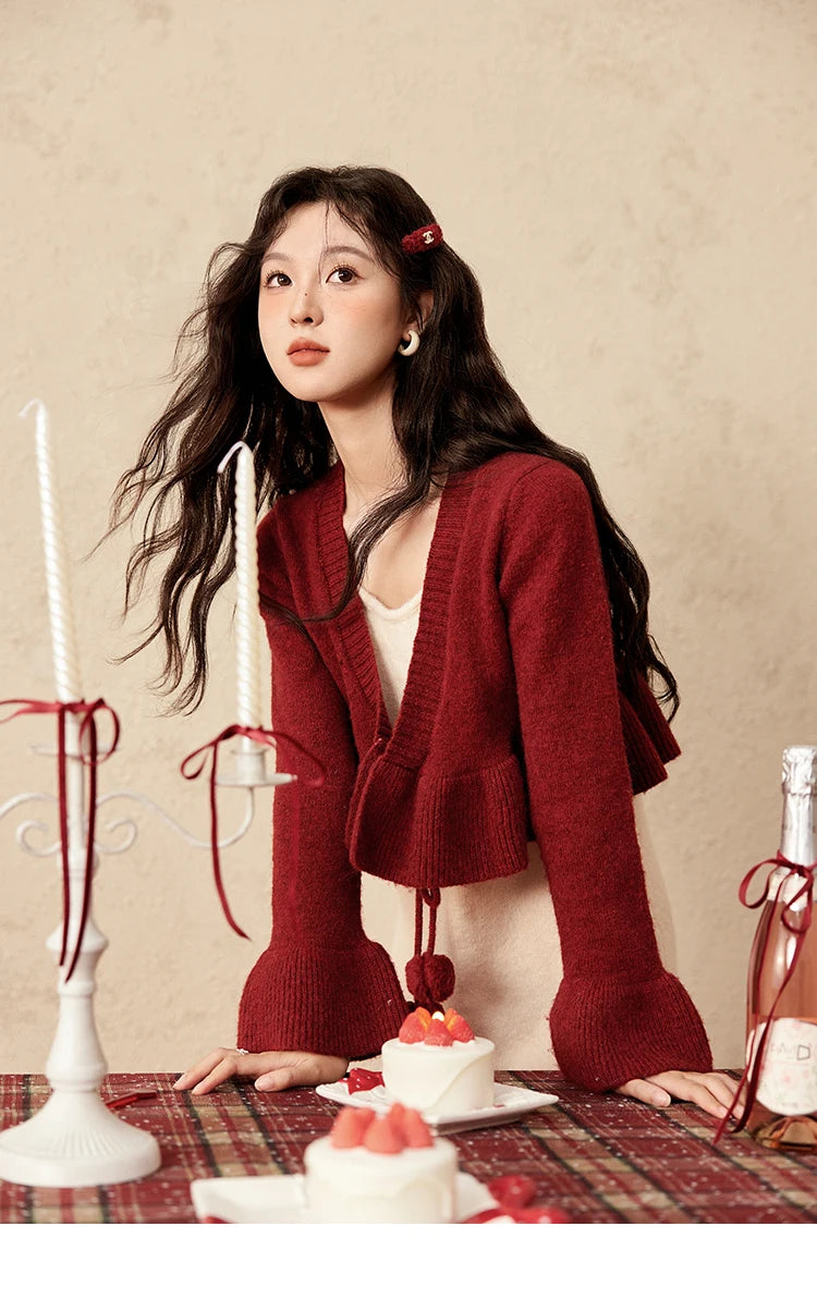 MISHOW Christmas New Year Ruffle Strap Dress Pom-Pom Lace-up Knitted Cardigan Sepertely 2024 Hem Fish Tail Dresses MXD59L2133