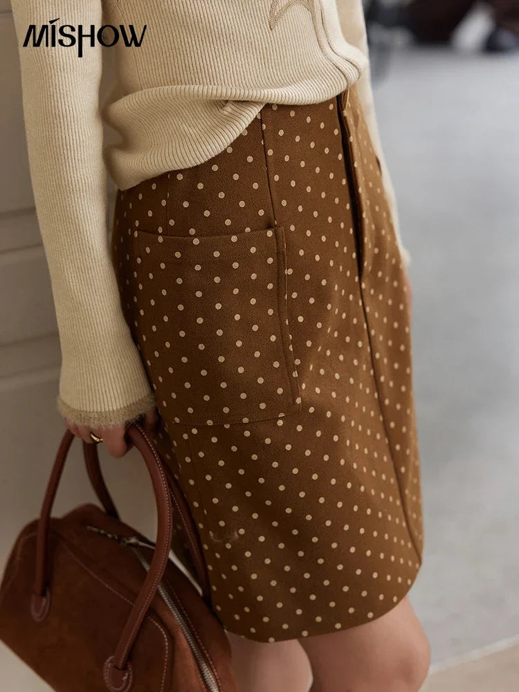 MISHOW French Polka Dot Skirt Women 2024 Winter American Retro High Waist A-line Skirt Symmetrical Side Pockets Skirt MXD34B0576