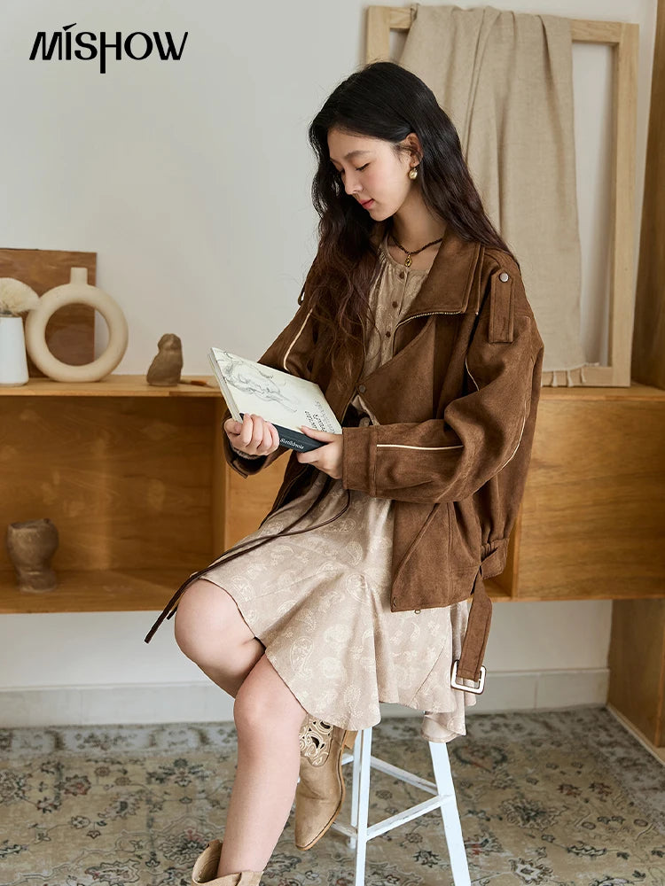 MISHOW Woman Retro Jacket 2025 New Split Turn Down Collar Brown Suede Short Loose Coat Commute Autumn Women Clothing MXE48W0850