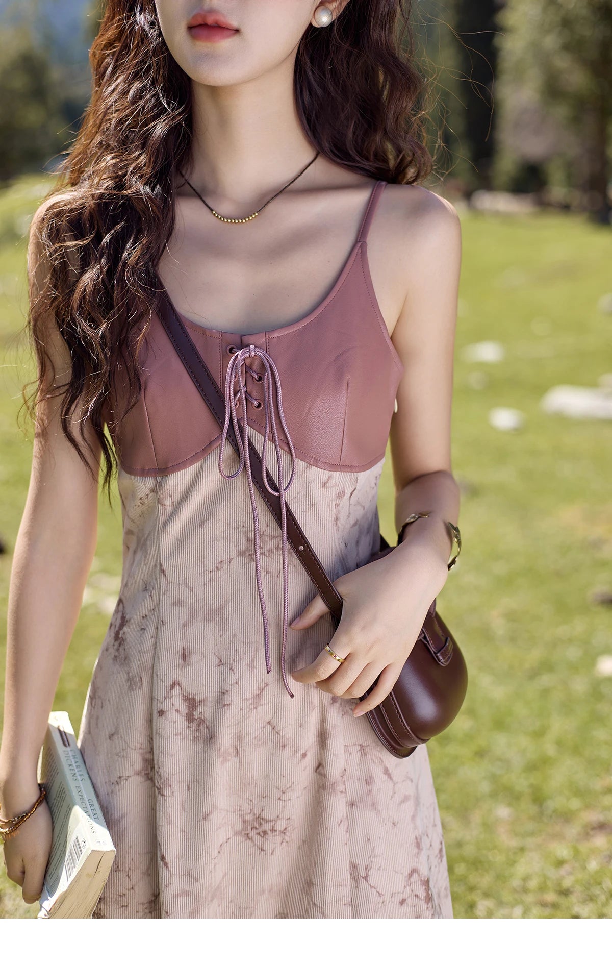 MISHOW Leather Patchwork Floral Strap Dress for Autumn 2024 Lace-up Hem Side Slit Dress Sleeveless Camisole Dresses MXD43L2031