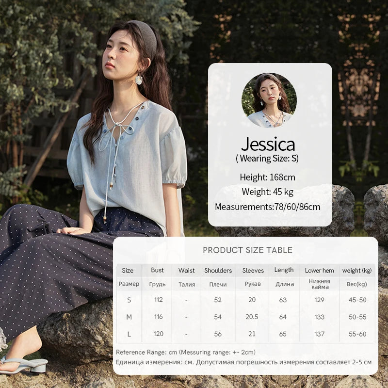 MISHOW French Summer Blouses Women Solid Short Puff Sleeve V-neck Lace-up Design Shirts Female Fashion Straight Tops MXE33X1743