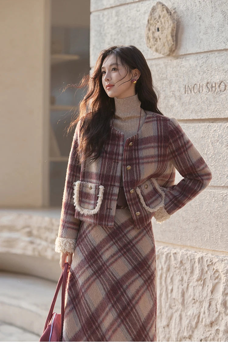 MISHOW Plaid Tweed Jacket Midi Skirt Separately Women 2024 Winter Korean Gentle Thick O-Neck Jacket Straight Skirt MXD54W0562