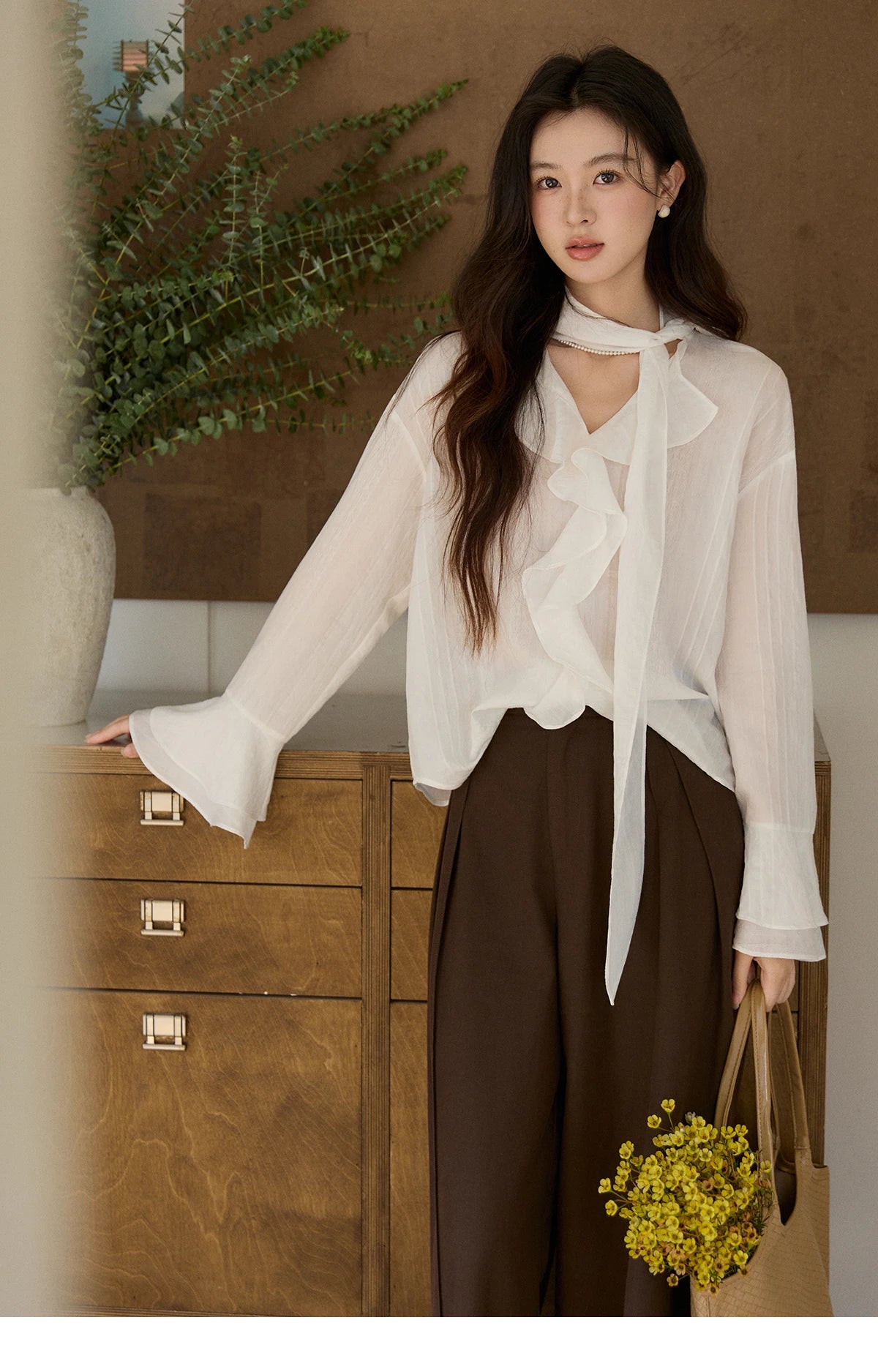 MISHOW Women's Ruffle Trim Chiffon Blouse with Detachable Scarf 2026 Spring Long Sleeve Loose Fit Casual White Top MXF108X0999