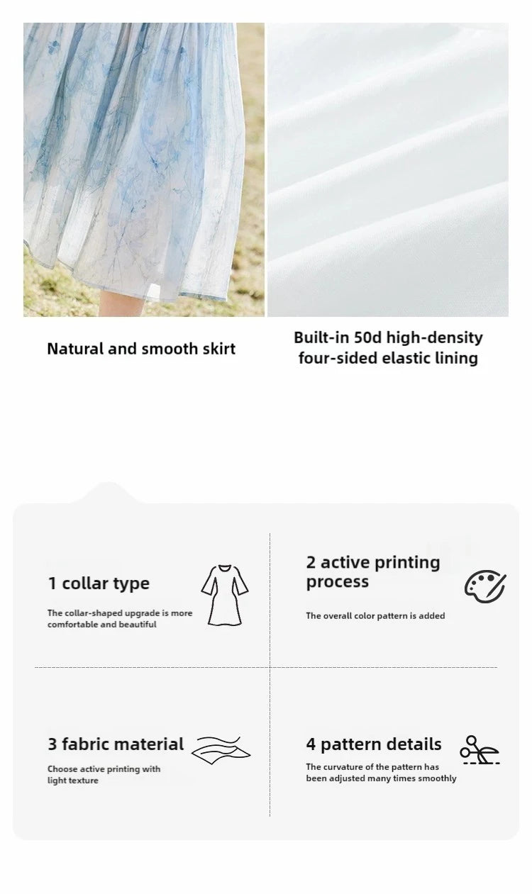 MISHOW Printed Blue Blending Chiffon Vacation Dress Spring 2025 Drawstring Waist Long Dress Lantern Sleeve Dresses MXE16L2114