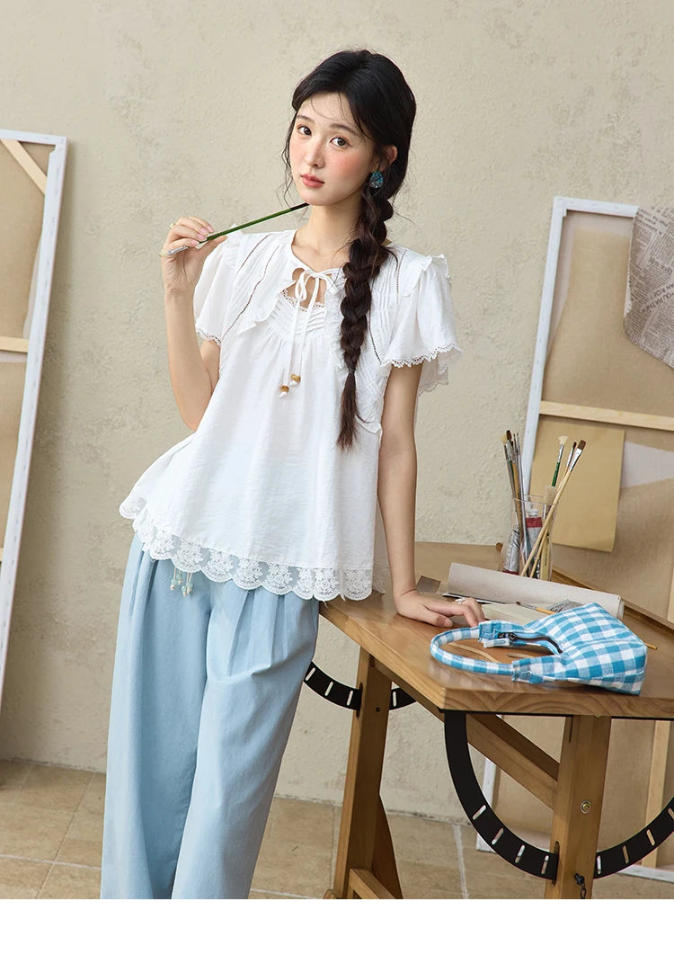 MISHOW White Lace Up Blouse Women's 2025 Summer New Fashion Butterfly Sleeve Hollow Lace Splicing Top Female Clothing MXE34X1784