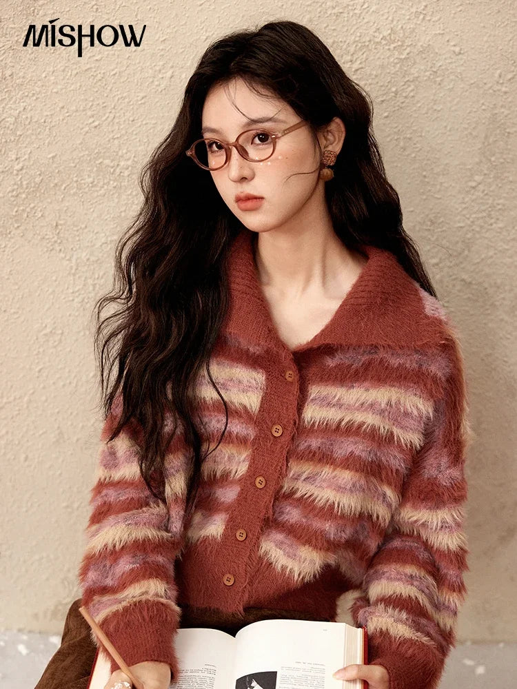 MISHOW Red Striped Sweater Faux Mink Fur Stand Collar Knitted Cardigan Contrast Color Vintage Thickened Warm Tops MXD59Z1005